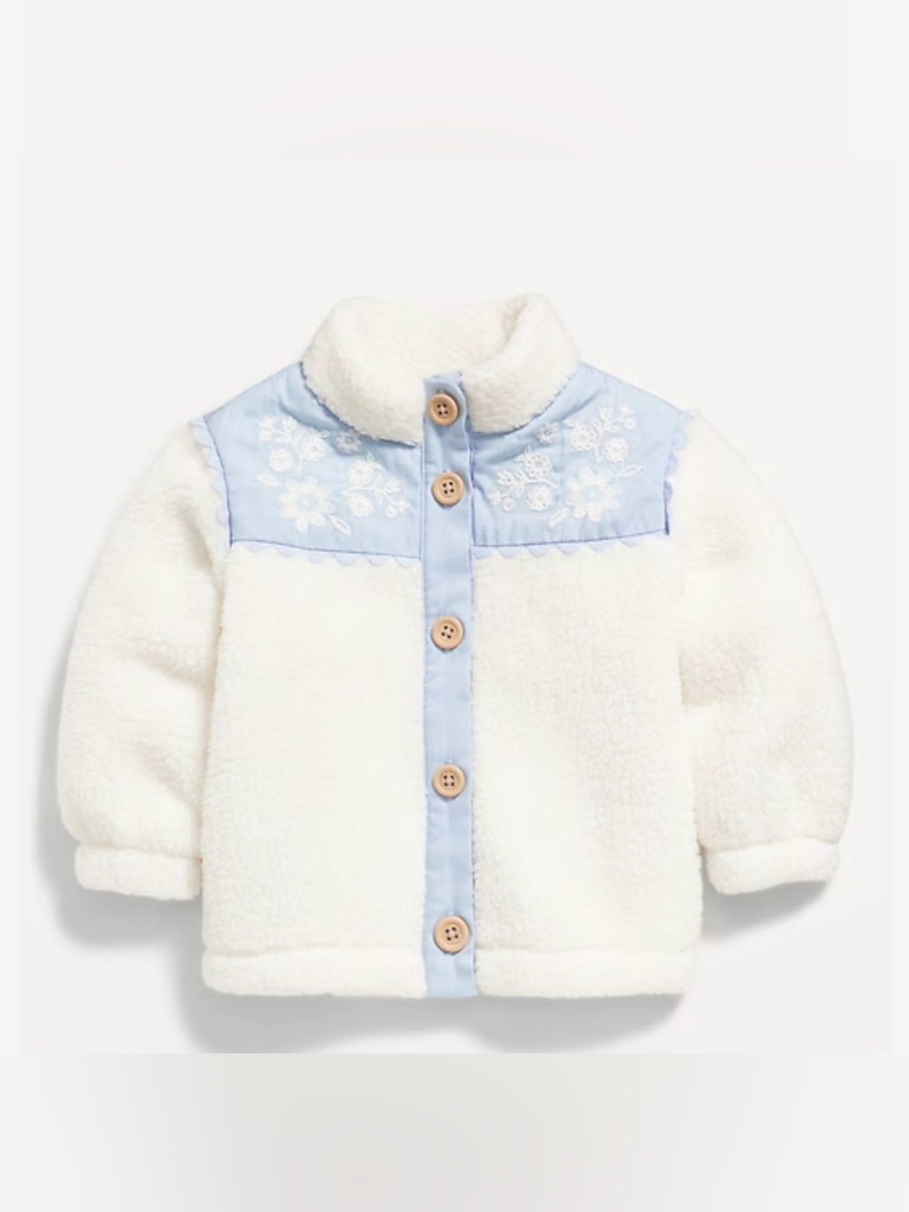Old Navy Cream Sherpa Jacket with Light Blue Embroidery